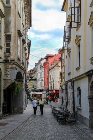 Ljubljana, Slovenia - July 16th 2018: Street scene on Stari trg street in old east Ljubljana, Sloveniaのeditorial素材
