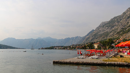 A view from the shore of Kotor Bay, by the old town on the Gulf of Kotor, Montenegro