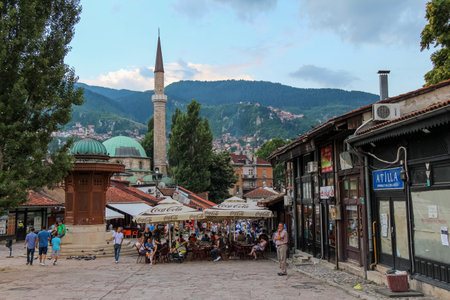 Sarajevo, Bosnia and Herzegovina - July 3rd 2018: The central square in Bascarsija on a summers evening in Sarajevo, Bosnia and Herzegovinaのeditorial素材
