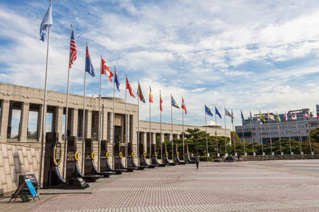 Seoul, South Korea - October 19th 2017: Flags of the countries that took part in the Korean war, at the War Memorial of Korea Museum, Yongsan-dong, Seoul, South Koreaのeditorial素材