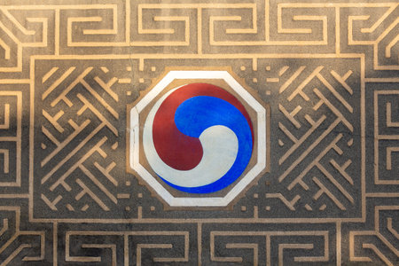 Seoul, South Korea - October 19th 2017: A red, white and blue Taegeuk on a wall, a traditional...
