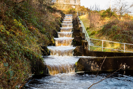Earlstoun salmon ladder or fish pass, at Earlstoun Power Station and Dam, on the Water of Ken, Galloway Hydro Electric Scheme, Scotlandの写真素材