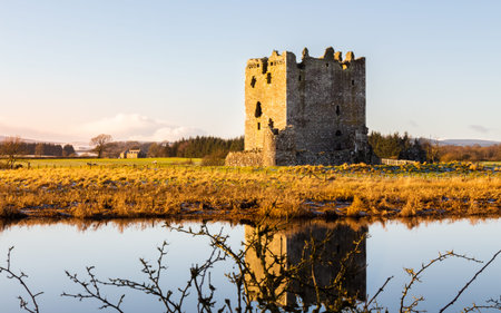 Threave Castle reflecting on a calm River Dee in the winter sun, Dumfries and Galloway, Scotlandのeditorial素材