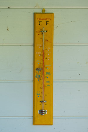 A yellow thermometer fixed on to a wooden wall