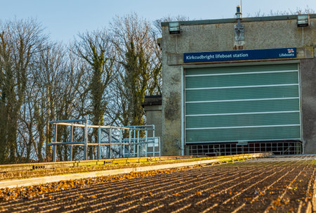 Kirkcudbright, Scotland - January 8th 2021: Kirkcudbright Lifeboat Station boat house and launch...