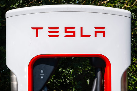 Abington, Scotland - July 25th 2021: Close up of a Tesla Electric Vehicle, Super Charging point