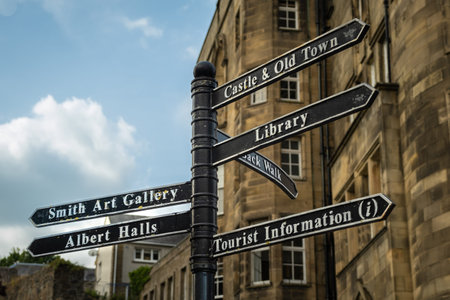 Sign post highlighting the directions to attractions in stirling town centre, Scotland