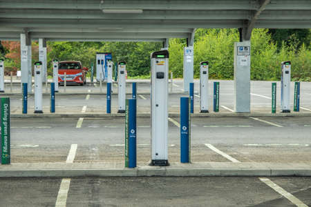 Stirling, Scotland - 26th July 2021: Empty electric vehicle charging points at the Stirlingshire Council Park and Ride car parkのeditorial素材