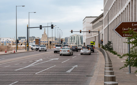 Doha, Qatar - January 15th 2022: Traffic on Al Rayyan Road in central Doha near Souq Waqif, Qatar