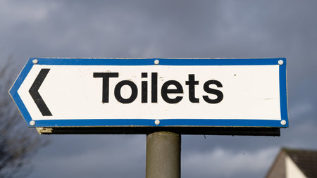 Blue and white toilets direction sign against a blue sky