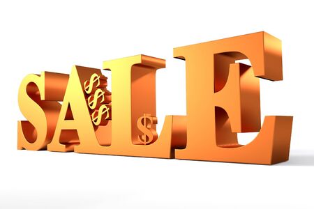 3D gold Word sale isolated on whiteの写真素材