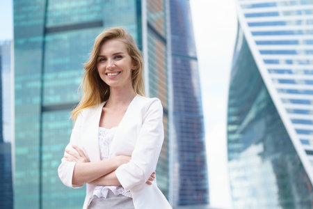 Close up portrait of a professional business woman outdoorの写真素材