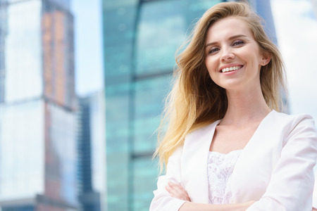 Close up portrait of a professional business woman outdoorの写真素材