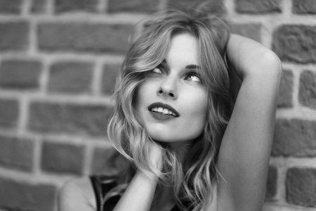 Black and white close-up portrait of sexual woman.の写真素材