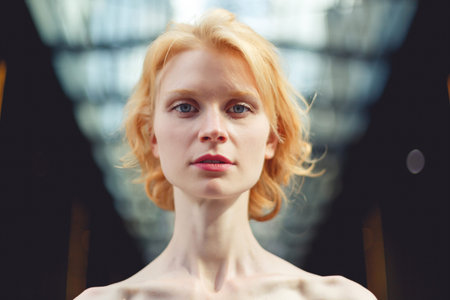 Photo ginger girl close up on background of glass ceiling, tinted photo