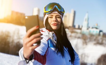 Athlete doing selfie on winterの写真素材