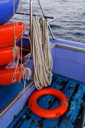 Rope, lifebuoy on sea boatの写真素材