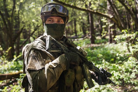 Soldier in mask on taskの写真素材