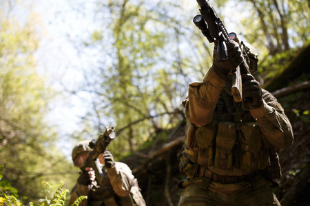 Officer with gun in forest