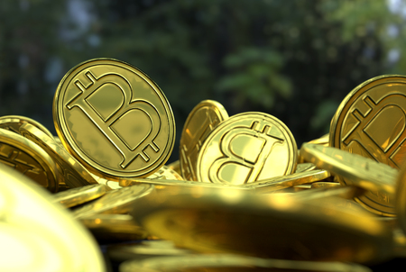 Golden Bitcoins. New virtual money.の写真素材