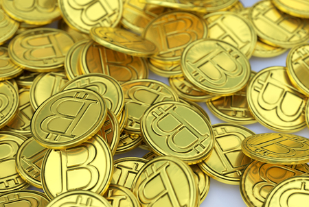 Photo of many gold bitcoinsの写真素材