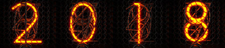 Nixie light bulbs, tubes with digits 2018. Vintage style Christmas photo on a dark background. 3d...