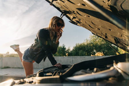 Photo on side of blonde standing in front of black car with open hoodの写真素材