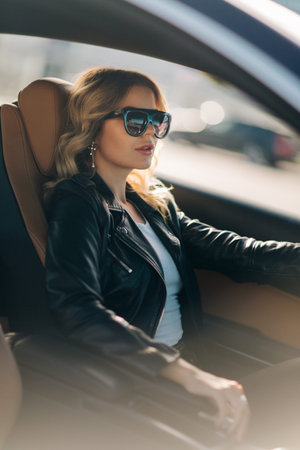 Photo of long-haired blonde with curly hair in black glasses sitting in black car.