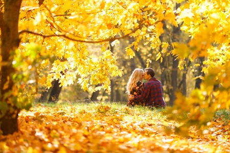 Photo from back of young couple in love in woodsの写真素材