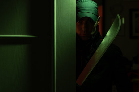 Photo of killer man with machete in dark apartment with green light