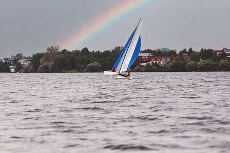 Sailboat.sailboat on the lake. On the Sunsetの写真素材