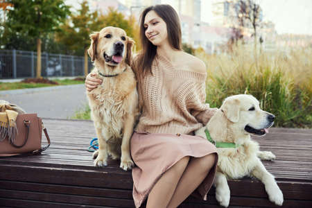 beautiful girl hugs two golden retrievers. Outdoorの写真素材
