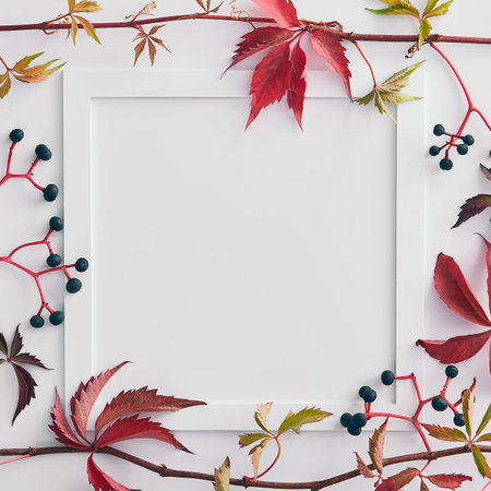 Ripe black elderberry with twig square frame flat lay. Autumn seasonal berries with leaves...