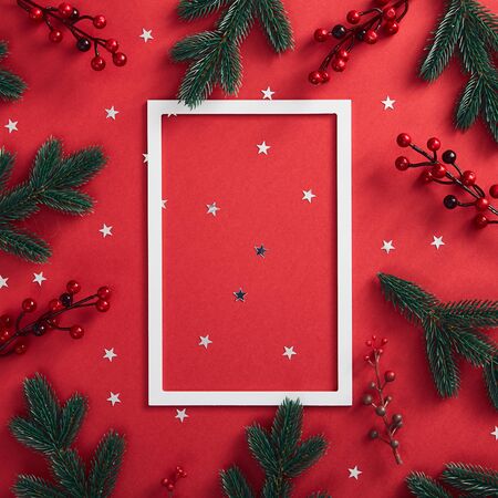 Christmas minimal concept - christmas tree branch on red background with red berrie and star silver confetti. Vertical white paper frame. Design template for concept design. Xmas holiday concept.の写真素材