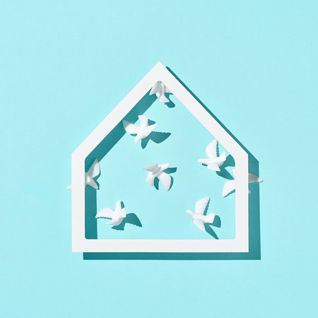 Minimal creative layout with white dove and house shape. Stay home, stay safe 2020 concept. Top...