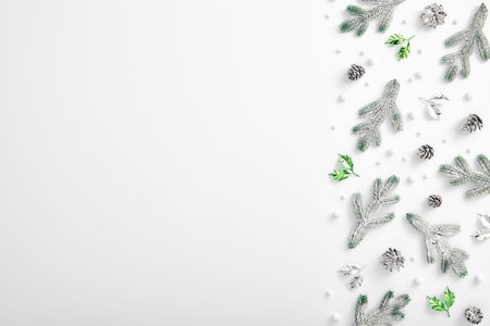Winter minimal concept - Evergreen tree branch with snow and pine cones. Horizontal composition,...