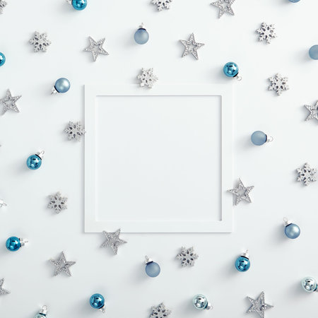Christmas minimalist mockup - blue bauble, silver snowflake and star on white background. Square...