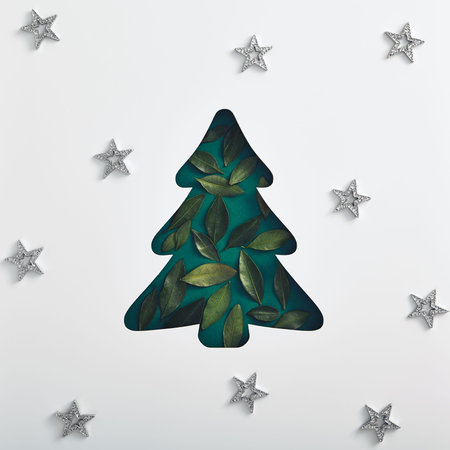 Christmas minimal mockup - red xmas ball, bow and gold snowflake on white background. Square...