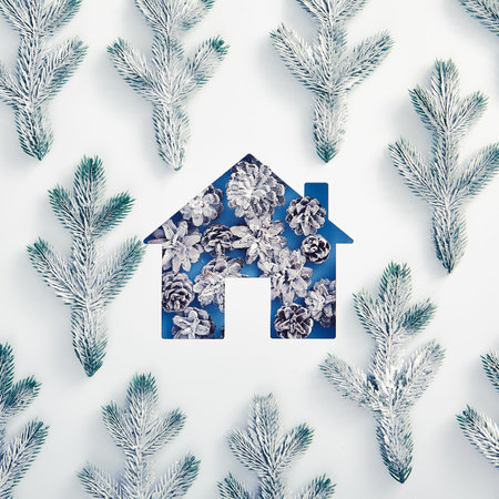 Winter minimal concept - House silhouette made of snowy pine cone with tree branch pattern. Square...