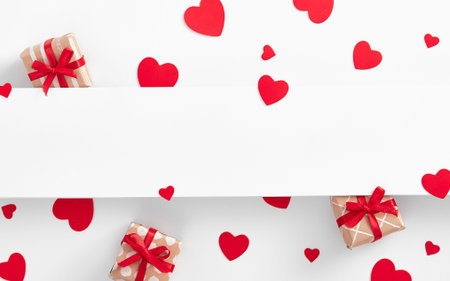 Love minimal concept - Valentines day, 8th march or mother day layout with red heart. Horizontal...