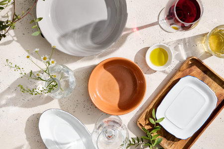 Top view of empty plates, clear glasses with prominent shadows on a textured white table with bright...