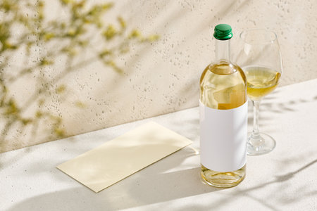 A blank paper and a glass of white wine stand beside a clear wine bottle with a green cap on a white textured table. Ideal for wine branding, this horizontal mockup has a wine theme and a side view.の写真素材