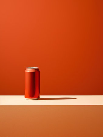 A bold, red soda can be placed in a monochromatic minimalist setting. The sharp geometry and vivid minimalism highlighted against a bright background makes a contemporary statement. Generative AI.の素材