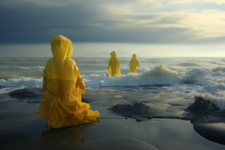 People in protective radiation suits are cleaning the seashore. A powerful image of the efforts to recover from a marine environmental disaster.の素材