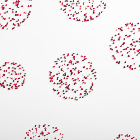 Square Christmas flat lay concept featuring red peppers creatively arranged in the shape of fireworks on a pristine white background.の写真素材