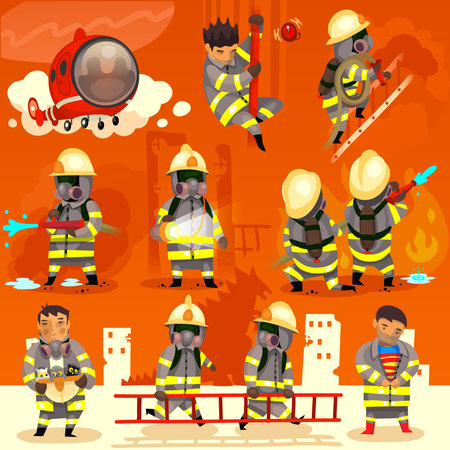 Set of cartoon fireman doing their job and saving people. EPS 10のイラスト素材
