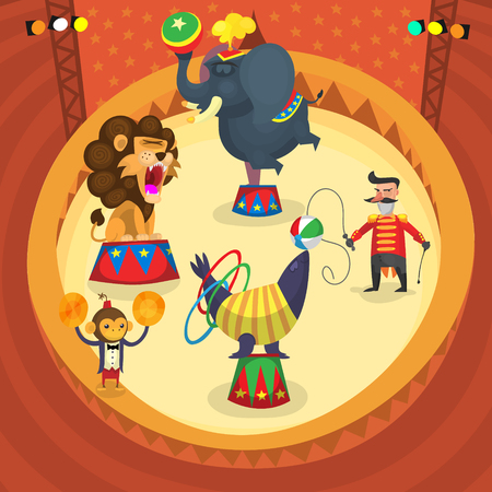 Circus performers. People and animals making tricks at the stageのイラスト素材