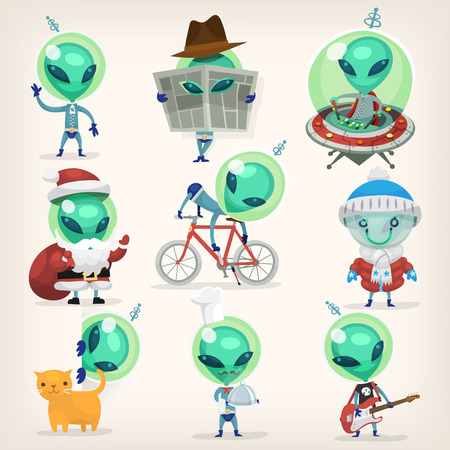 Colorful little green aliens with huge heads under disguise mastering earth traditions and doing it wrong. Isolated vector cartoonsのイラスト素材