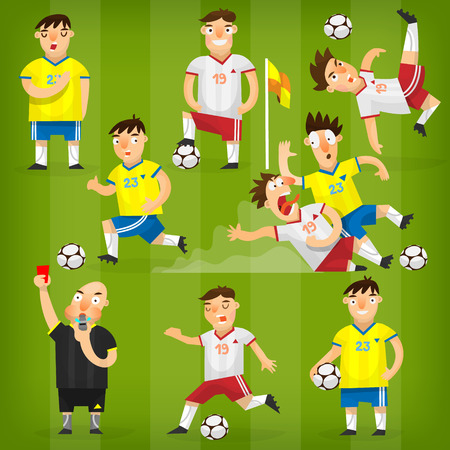 Set of colorful football players on different positions playing soccer on a green fieldのイラスト素材