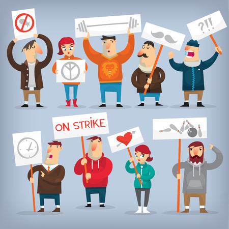 People on strike waving banners picketing and protesting against something.のイラスト素材
